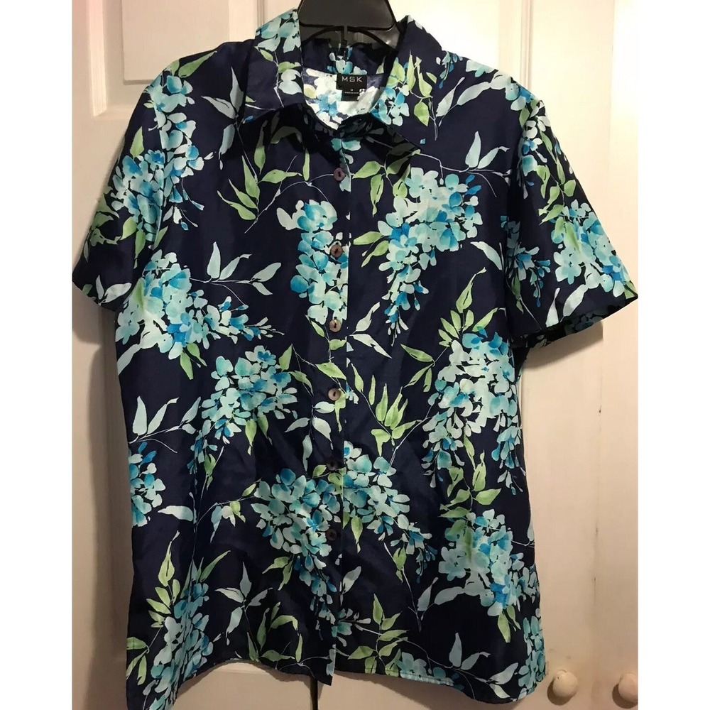 MSK size 18 Spring shirt floral navy blue green button up top